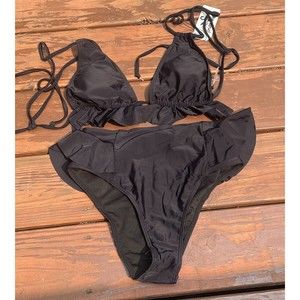 Sporlike Womens Swimsuit 2 Piece Small Black RuffleTriangle Bikini NWT